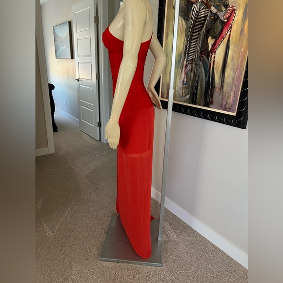 Herve Leger One-Shoulder Rose Gown in Coral Poppy Long Dress - Picture 9 of 10